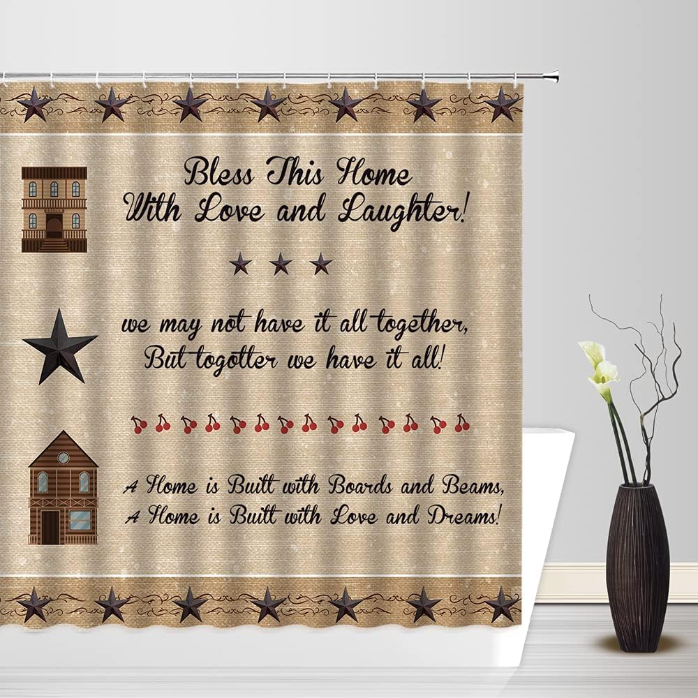 Rustic Primitive Shower Curtains Inspirational Quotes Vintage Brown Western Texas Star Primitive Berry Outhouse Retro Wooden Board Country Farmhouse Fabric Bathroom Decor Curtain with Hooks