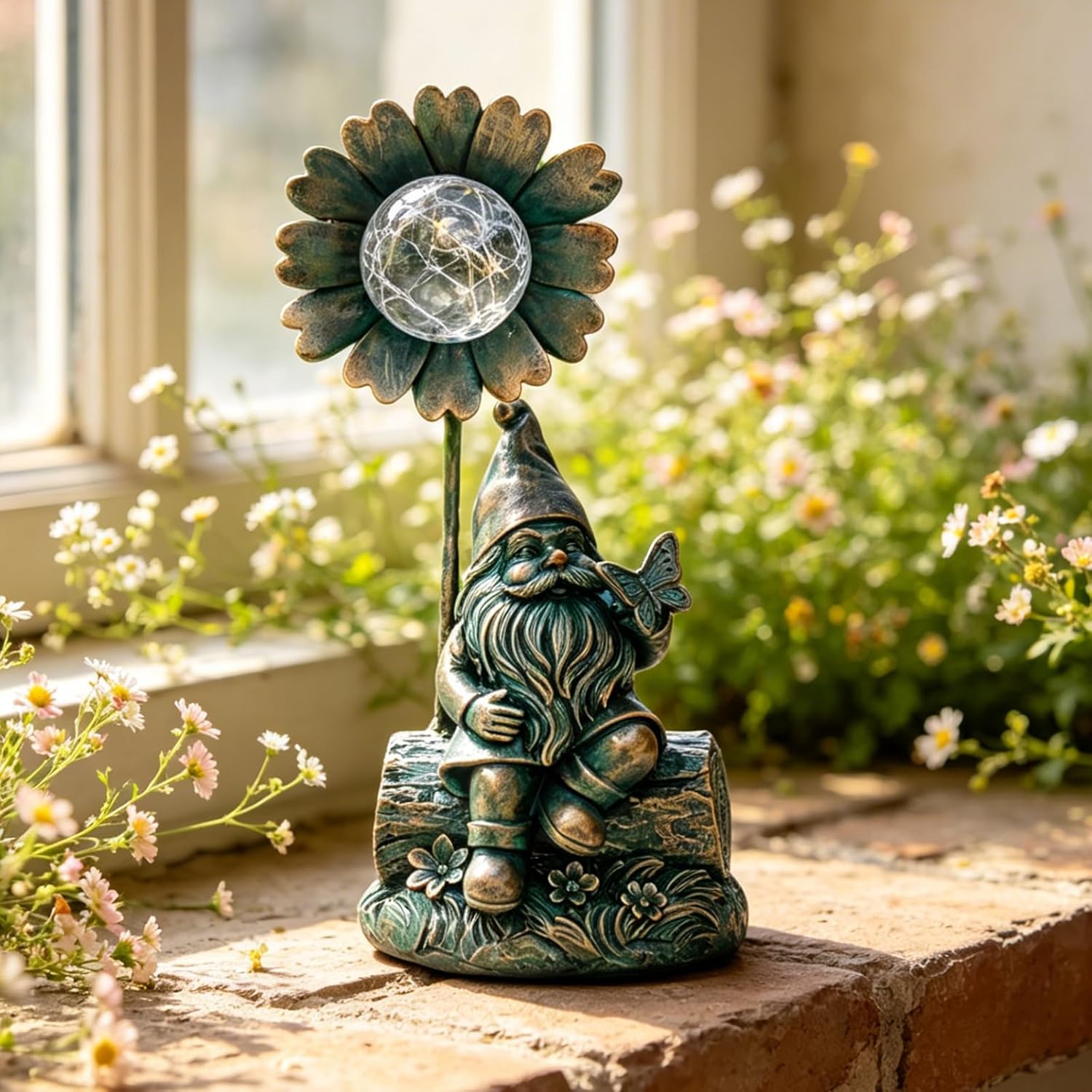 Solar Gnome Sculpture with Butterfly on Hand, Wood Base & Iron Flower Glass Ball for Outdoor Garden