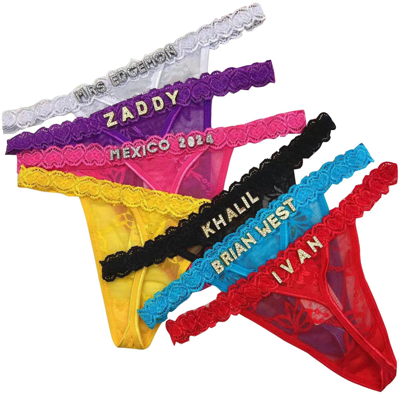 Gorgieousy Sexy Personalized Thongs with Names for Women, Custom Thong Golden Rhinestone Letters, Custom G-string Underwear, Thongs01, One size
