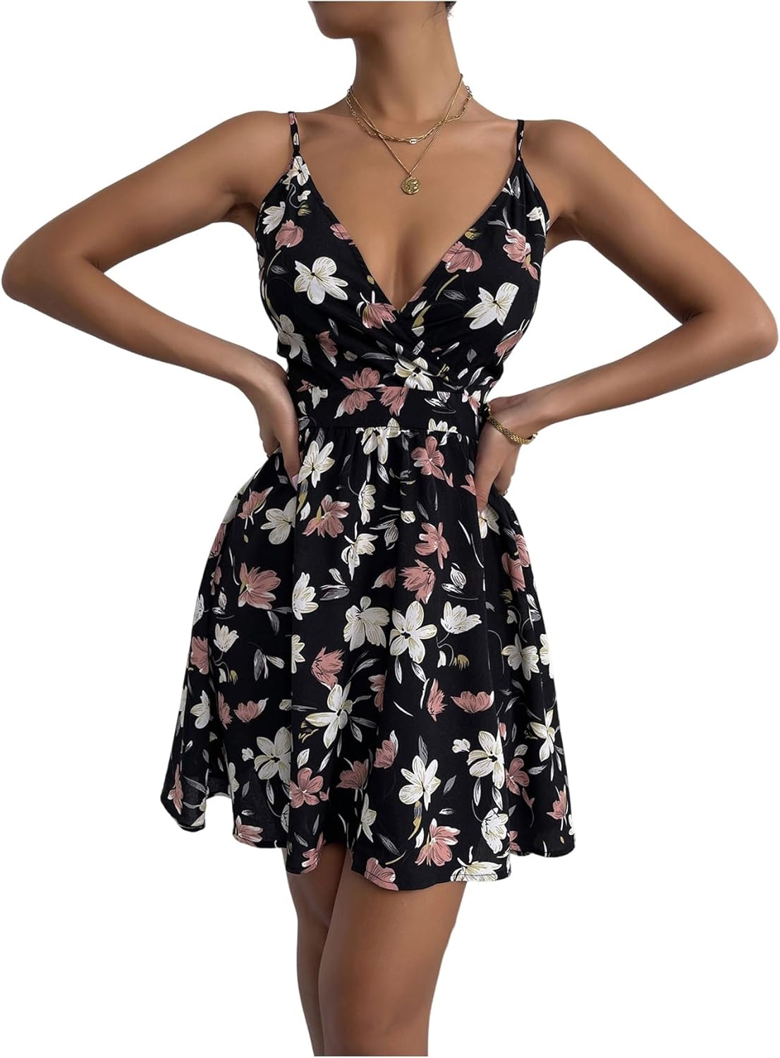 SweatyRocks Women's Summer Ditsy Floral Print Flared Dresses V-Neck A Line Short Cami Dress - Image 4