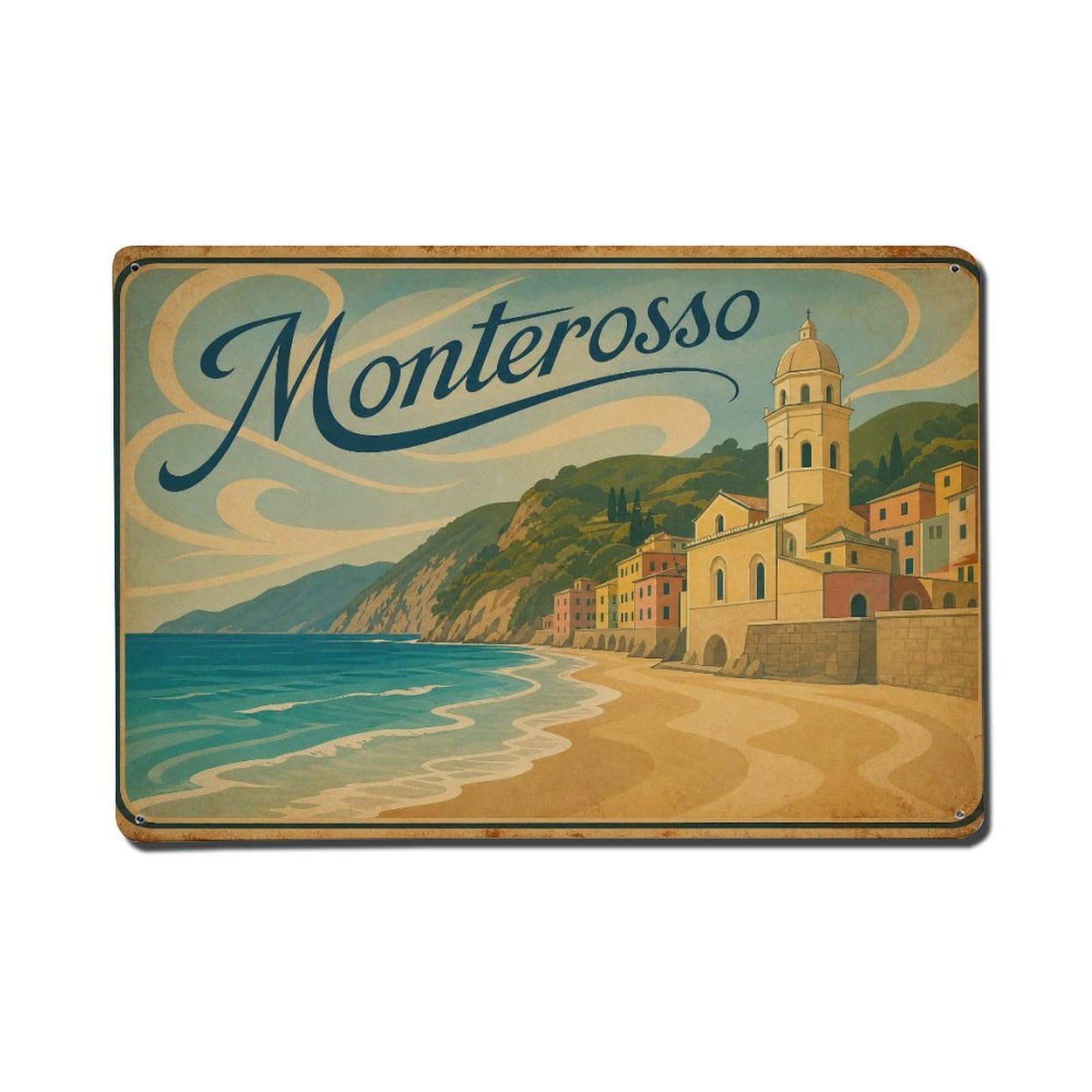 Vintage Travel Monterosso Beach Church Seaside Italy Metal Tin Sign