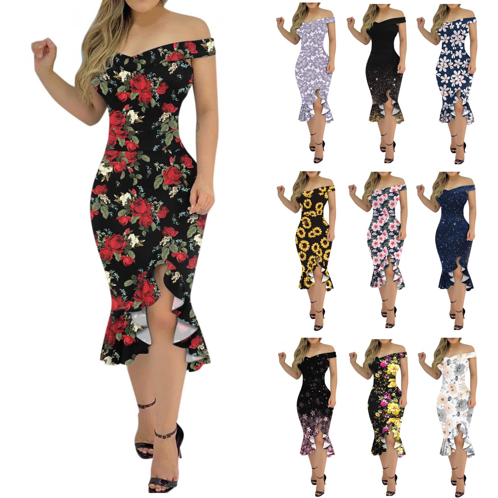 Women's Elegant Evening Party Dress Cold Shoulder V Neck Low Cut Sleeveless Side Split Ruffle Hem Bodycon Midi Dresses