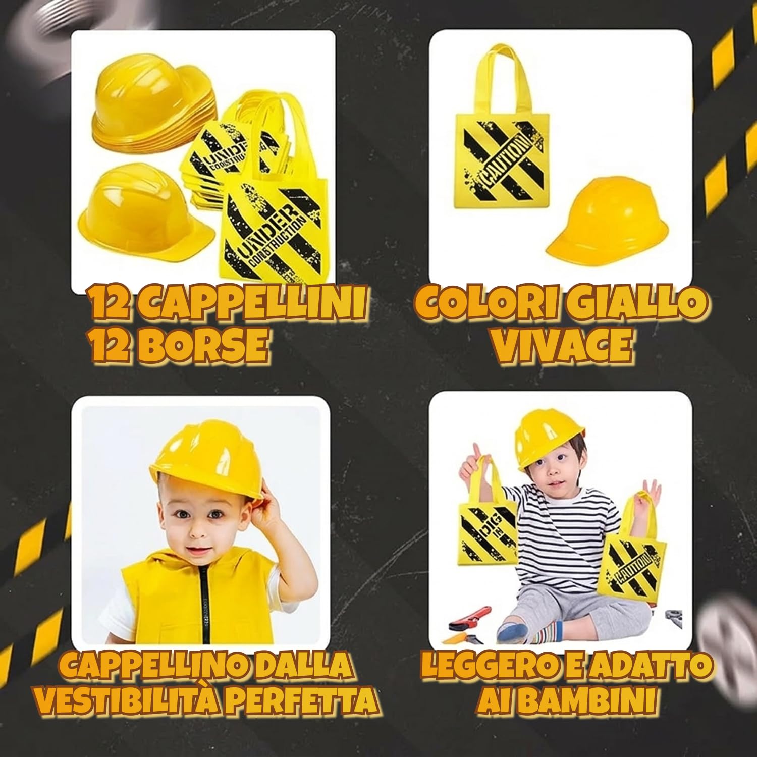 Bedwina Articoli per feste a tema Construction (24 pz) – 12 cappellini gialli da cantiere per bambini e 12 sacchetti regalo a tema Construction