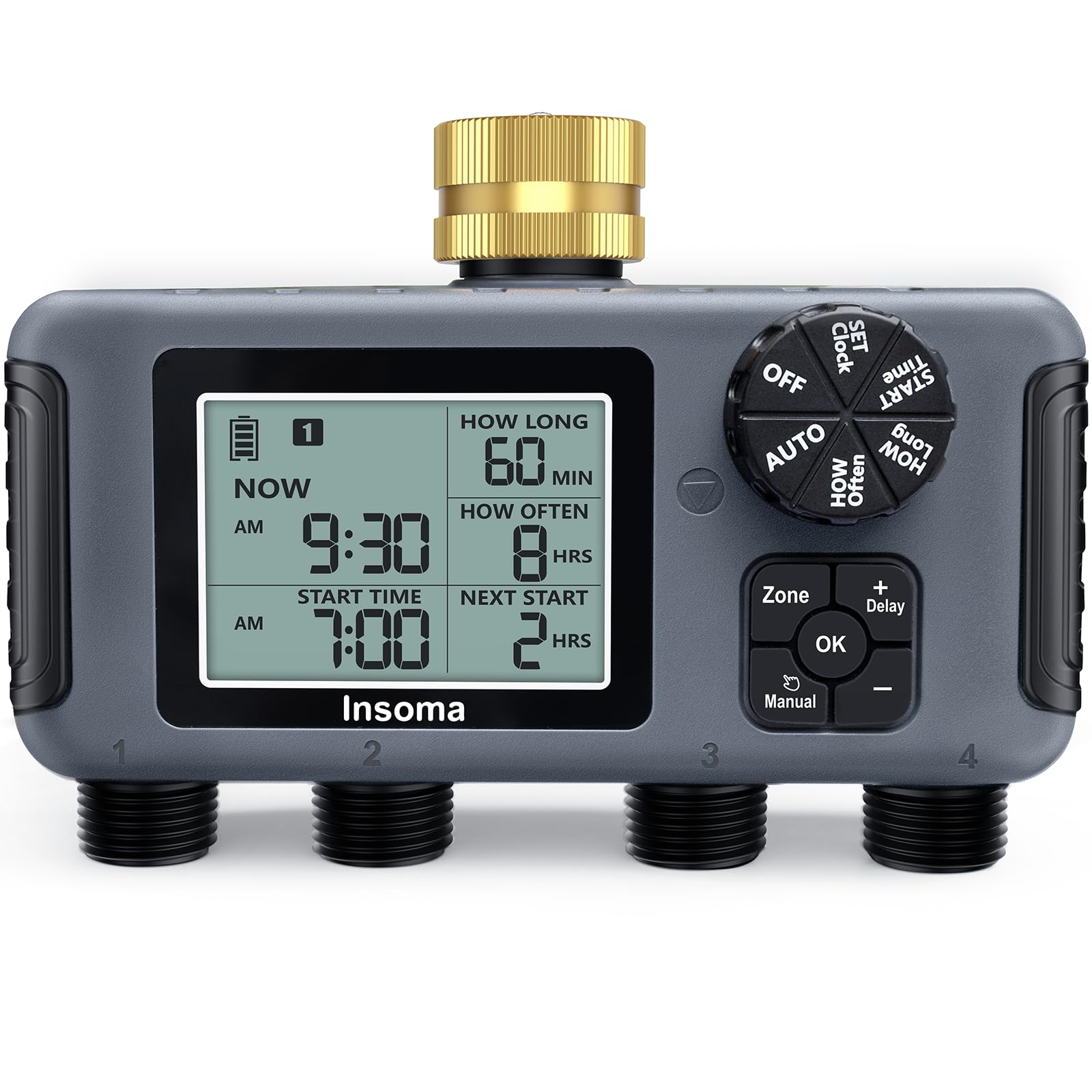 Photo 1 of Insoma Water Timer with Brass Inlet, 4 Independent Zones Outdoor Hose Timer for Garden Faucet with Auto/Manual/Rain Delay Mode, IPX5 Waterproof, Sprinkler Irrigation Controller for Yard Lawn