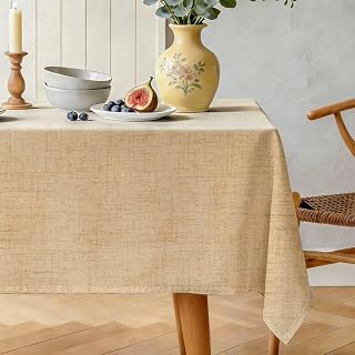 Natural Linen Rectangle Tablecloth, Slubby Textured Fall Lightweight Table Cloth 60 x 84 Inch, Water Resistant Stain Resistant Farmhouse Burlap Table Cover for Kitchen Dining Room, Camel