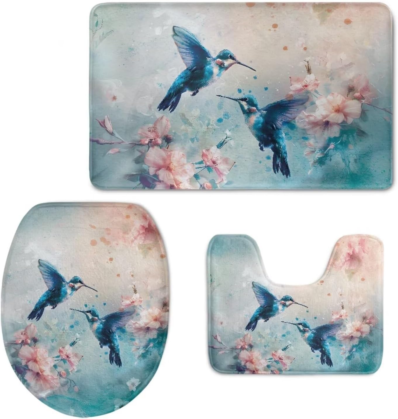 Hummingbird Bathroom Rug Set Absorbent Bath Mat Set Bath Mats Shower Mats Bath Rug Mat Non Slip Contour Mat Bath Mat Set 2 Piece and Toilet Lid Cover and Tank Cover Set
