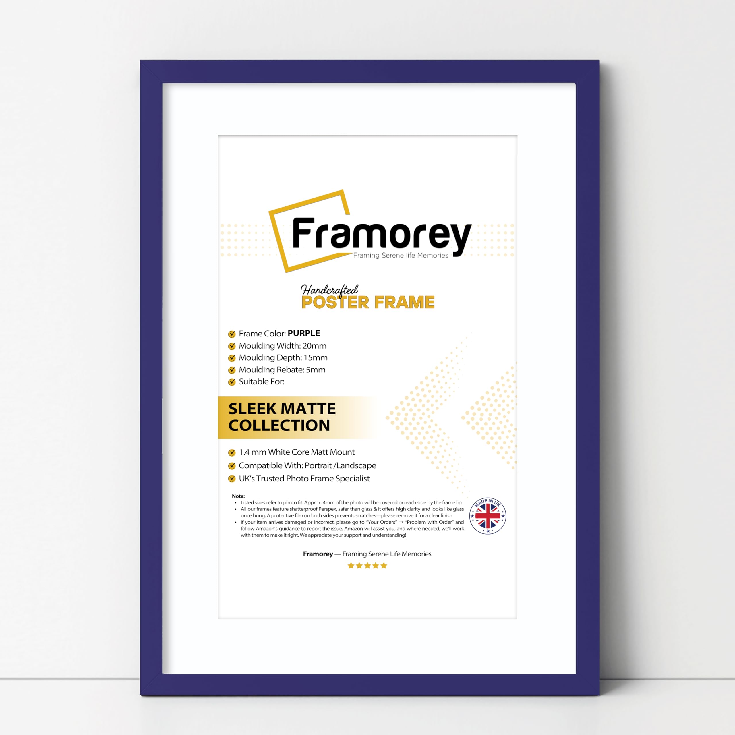 FRAMOREY Thin Matt Purple Photo Frames 20x16" Size Picture Frame With 16x12" Size White Mount, Flat Wooden Effect Photo Frames, Home Décor Frame, Wall Art Poster Frame