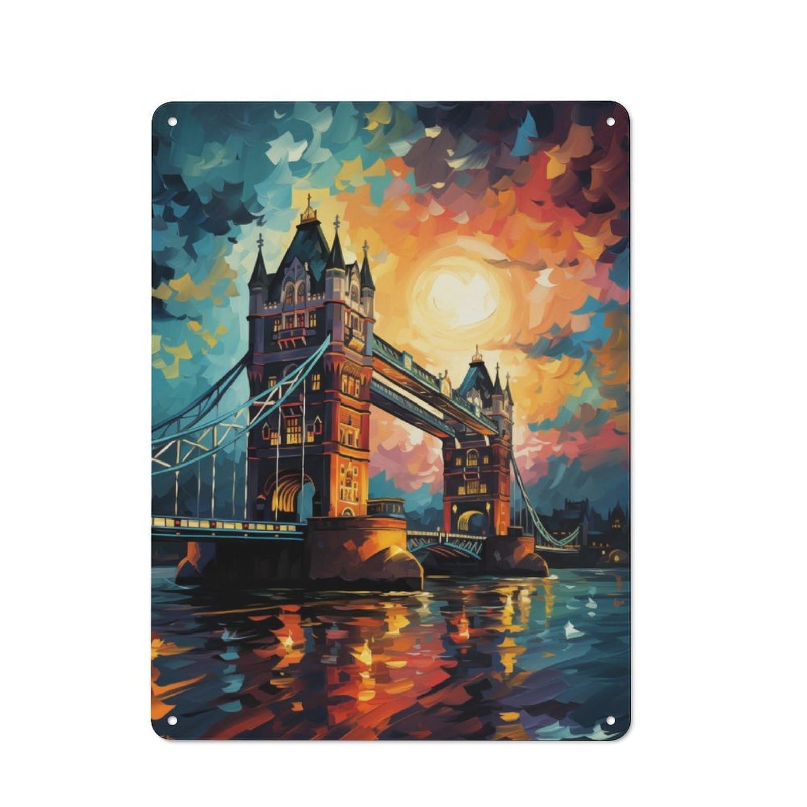 Decorative Metal Plaque with Tower Bridge Reverie Design 40x30cm, Modern Retro Studio Wall Art for Workspace, Cafe, Hallway Or Garage