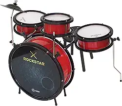 Bateria Infantil Luen Rockstar 4 Peças, Alumisteel e ABS com Acabamento Metálico Vermelho, Aro de Nylon, Pele Leitosa