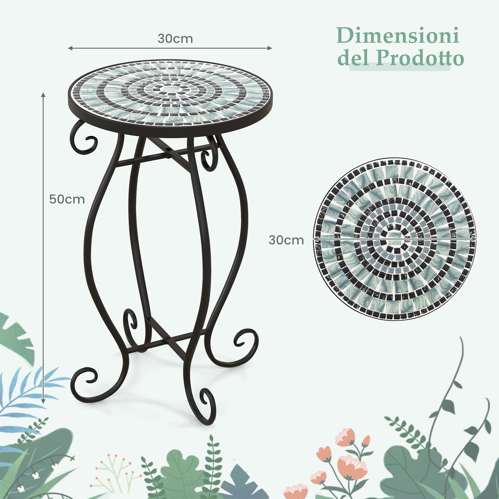 GYMAX Tavolino da Esterno ∅30 x 50 cm Mosaico, in Metallo, Rotondo,Ideale per Giardino, Balcone, Cortile e Bar (Stile 3)