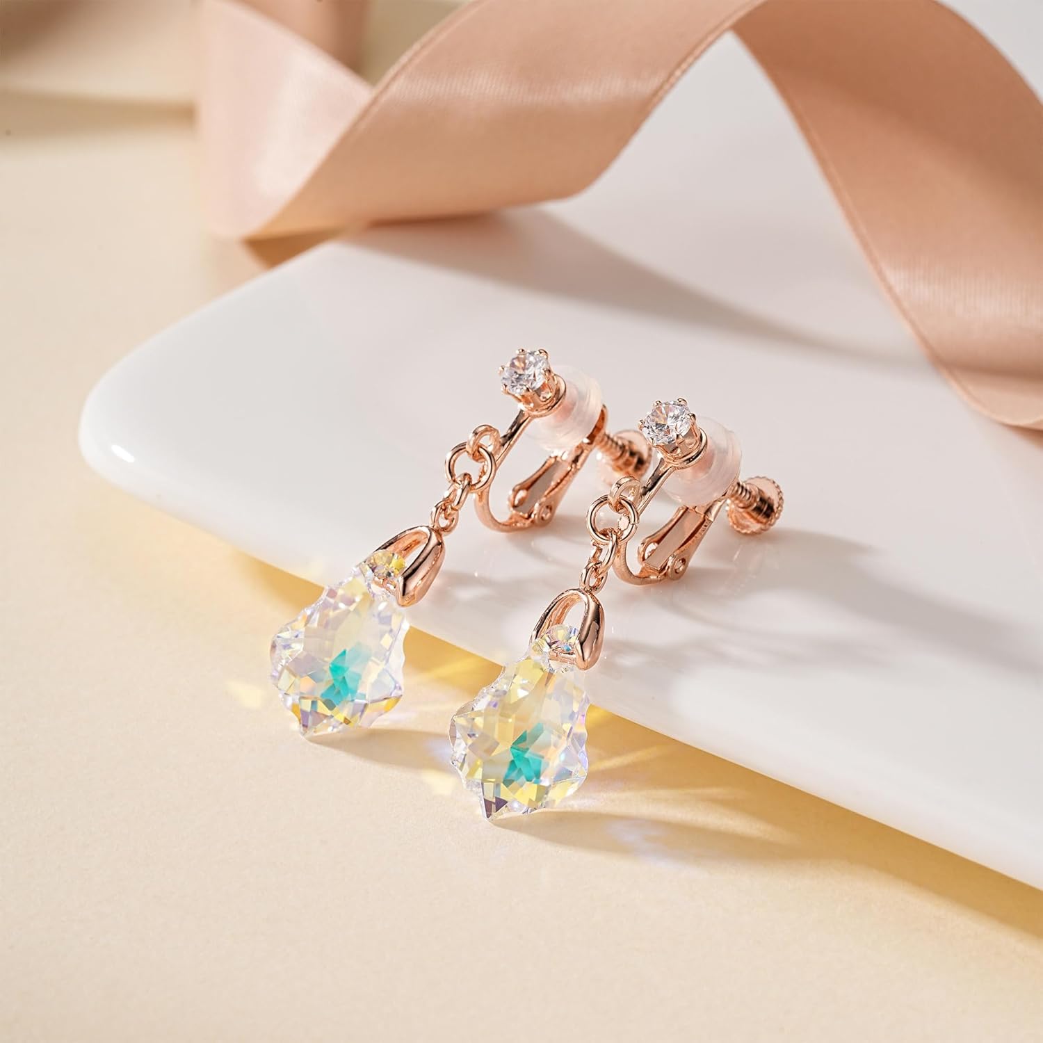 Austrian Crystal Baroque Drop Clip On Dangle Earrings for Women Non Pierced 14K Rose Gold Plated Hypoallergenic Jewelry - Image 3