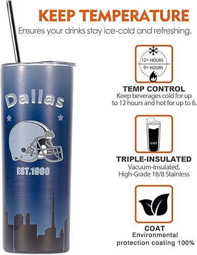 Miniatura 4 de Vasos delgados Dallas de 20 onzas EST 1960 con tapa y pajitas, taza de café de viaje, acero inoxidable, aislados, colección clásica, regalos para