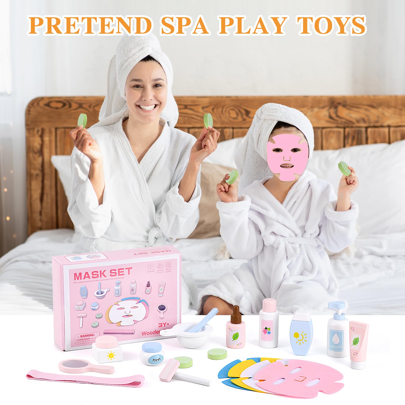 Ehome Wooden Beauty Salon Play Set Wooden Makeup Toy Set for Toddler Pretend Play Skin Care Learning Toys, Play Wood Spa Set with Face Mask Christmas Birthday Gifts for 3-8 Years Old