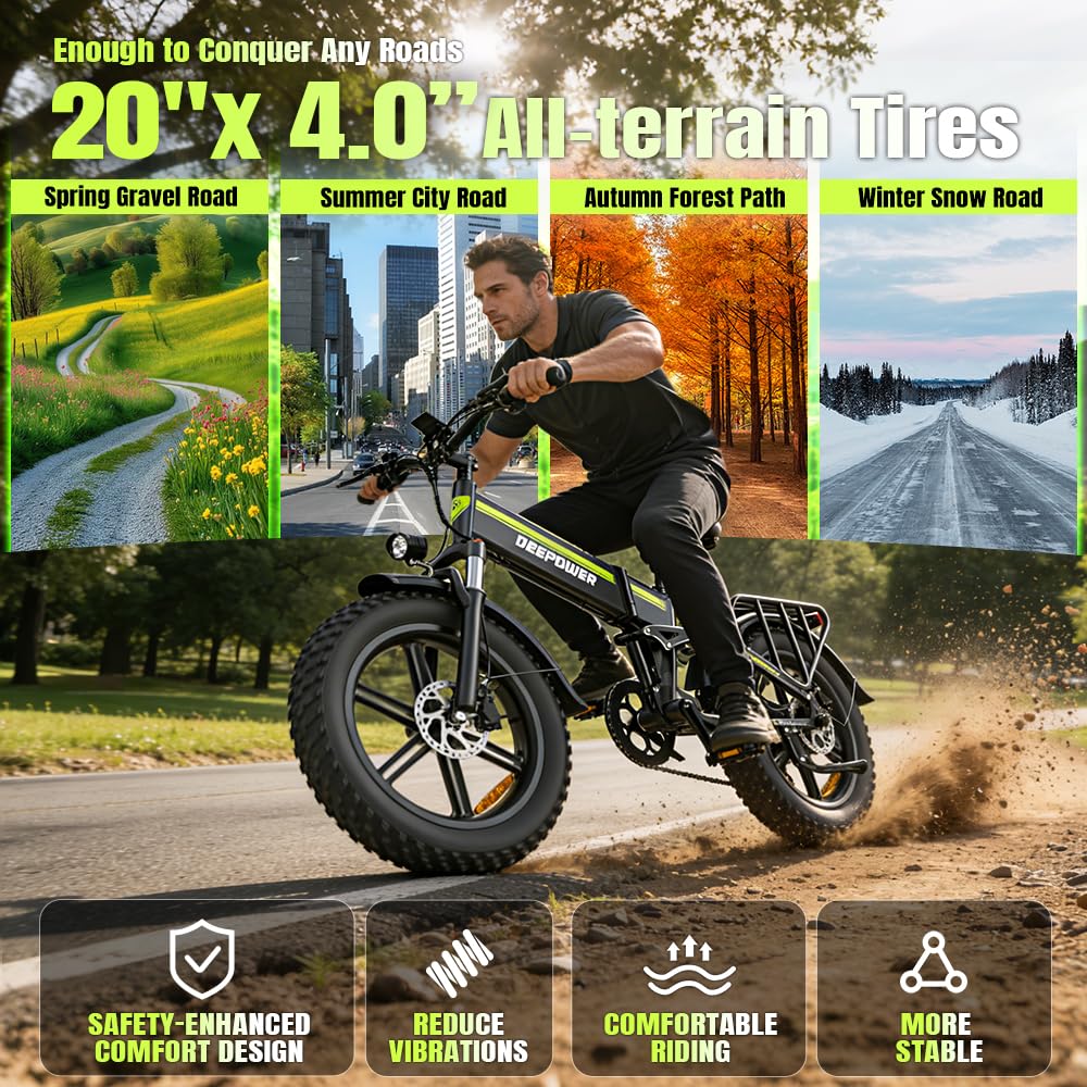 DEEPOWER H20 PRO Bicicleta Eléctrica, Batería Extraíble 48V 25Ah, Autonomía 70-110KM, Motor con Par 120N·m, Neumáticos Anchos 20'' x 4.0, 7 Velocidades, Suspensión Hidráulica Completa