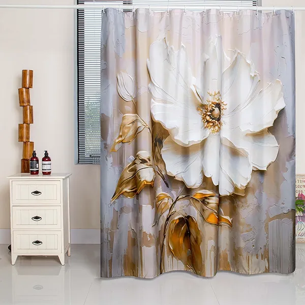 Elegant Floral Shower Curtain, Modern Minimalist White Flower and Gold Accents on Taupe Fabric Bathroom Decor, Waterproof & Washable Shower Curtain Set with Hooks, 72x72 Inch