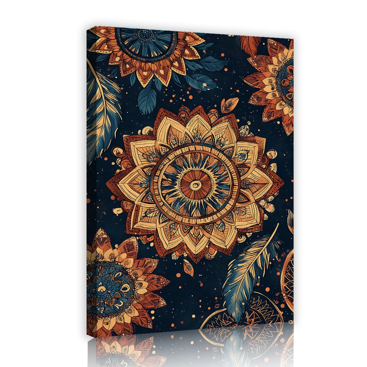 Via Vela Boho Sun Mandala Framed Canvas Prints Hallway Tribal Feather Geometric Painting Retro Pictures Posters for Home Office Decor Ready to Hang 70x105cm