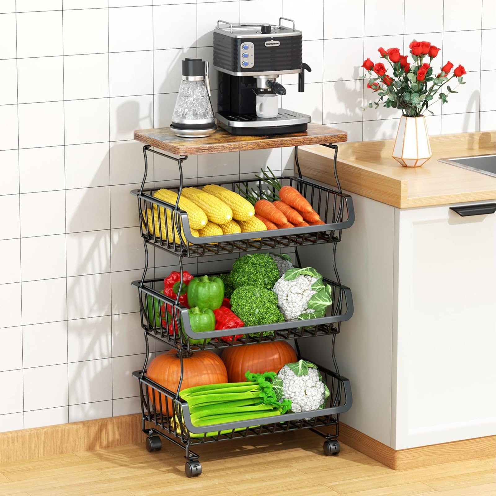 Carrello da cucina a 3 livelli con cestini portaoggetti rimovibili e ruote universali, per la casa e l'ufficio