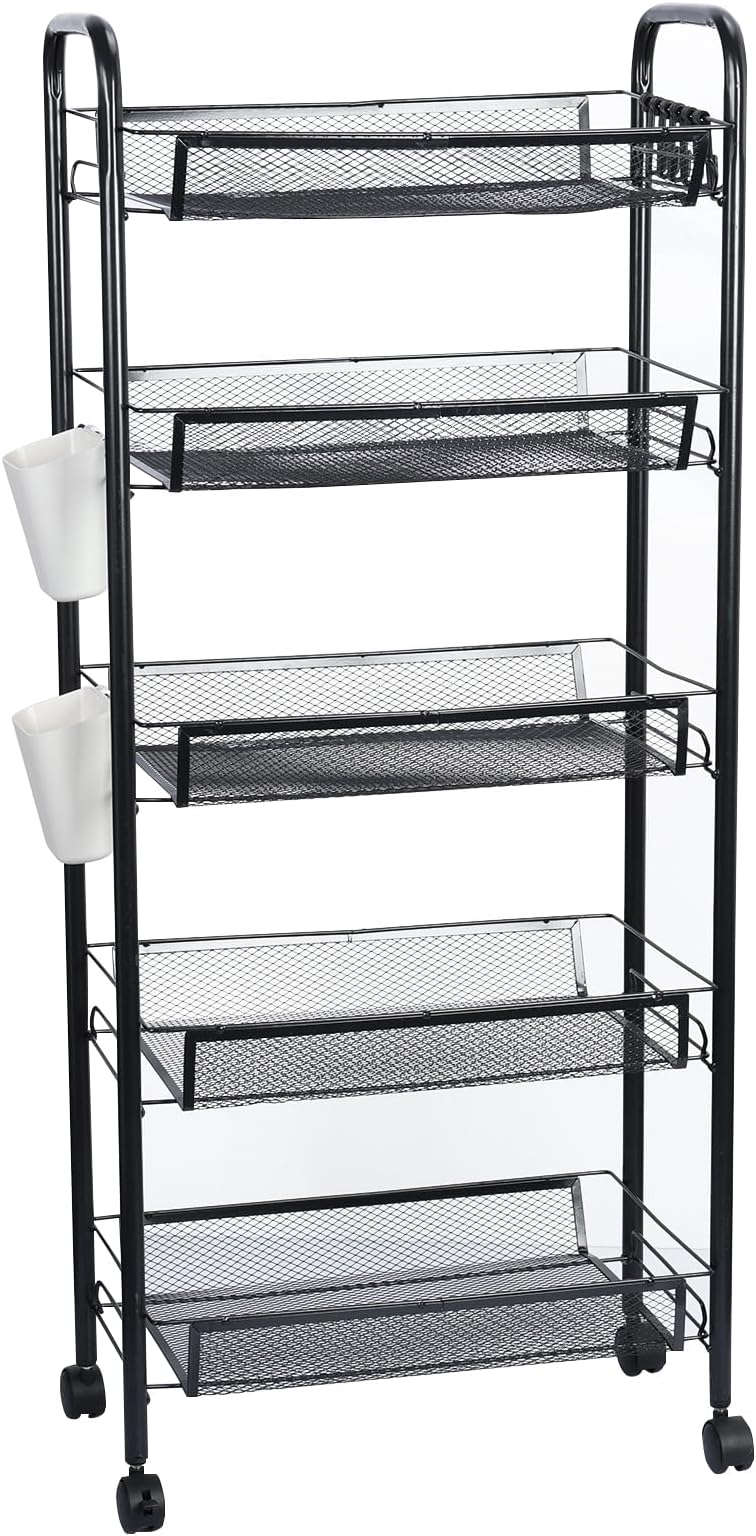 Fruit Vegetable Basket for Kitchen,Adjustable Vegetable Storage Rack, Large Capacity Snack Cart Kitchen Carts on Wheels with Storage Multifunctional Rolling Cart for Onion and Potato Storage Black 5-