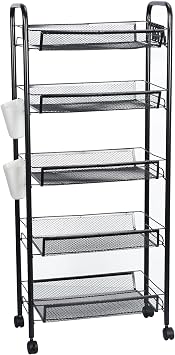 5 Tier Fruit Vegetable Basket Storage Cart,Snack Storage Rack,Multipurpose Removable Storage Shelf,360 Degree Wheels,Lockable Wheels,Stackable Metal Mesh Storage Basket for Kitchen, Pantry,B