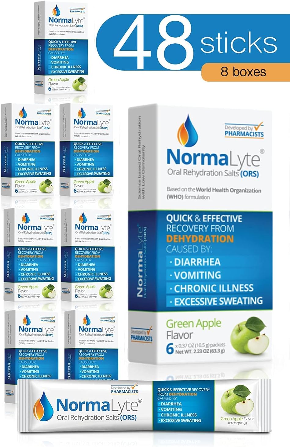 NormaLyte Oral Rehydration Salts-48 Sticks Packs (Yields 500mL per Pack)-Apple| Energy Supplements, Potassium Supplement, Dehydration Recovery and Quick Absorption