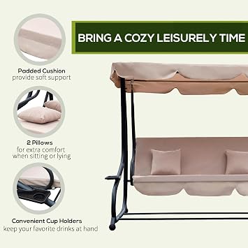 3-Seat Outdoor Patio Swing Chair, Converting Flatbed, Outdoor Swing Glider with Adjustable Canopy, Removable Cushion and Pillows, for Porch, Garden, Poolside, Backyard, Light Brown