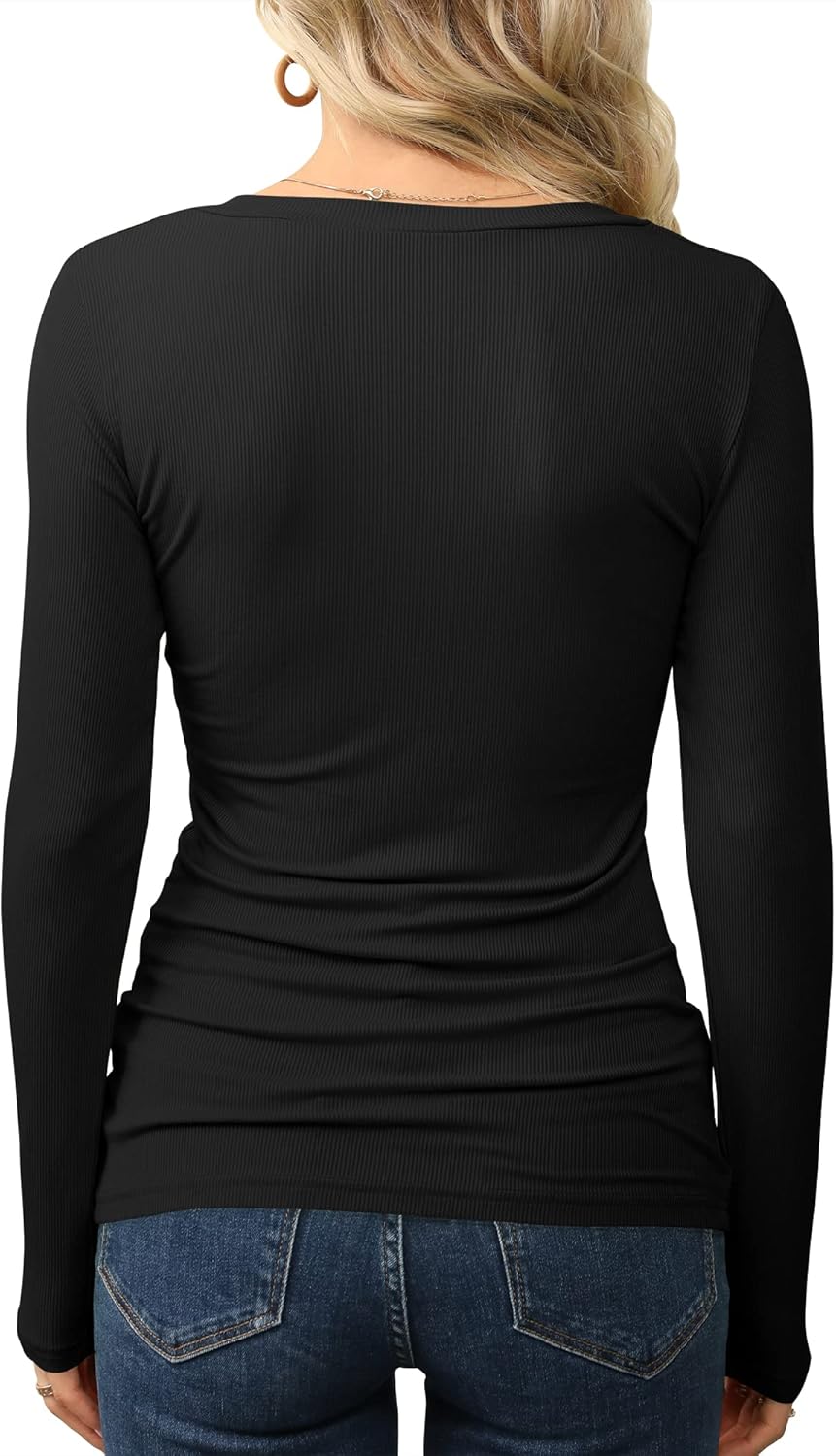 GEMBERA Women’s V Neck Ribbed Knit Long Sleeve Tops Casual Slim Fitted Basic Shirts - Image 3