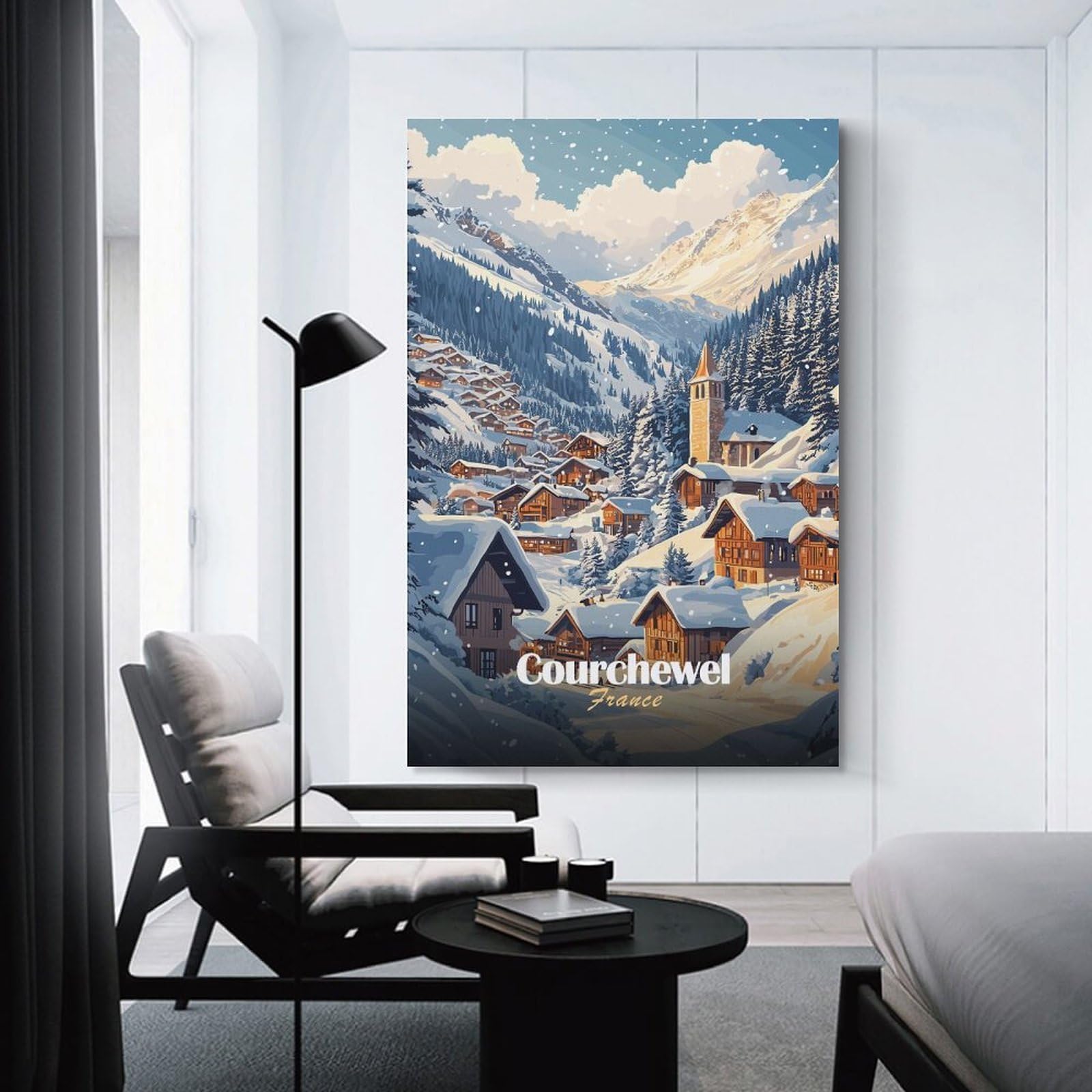 Junmoney Snowy Village in Courchevel, France Canvas Wall Art 20x30inch(50x75cm), for Study, Office Or Focused Interiors, Home Office Artwork with Decorative Appeal