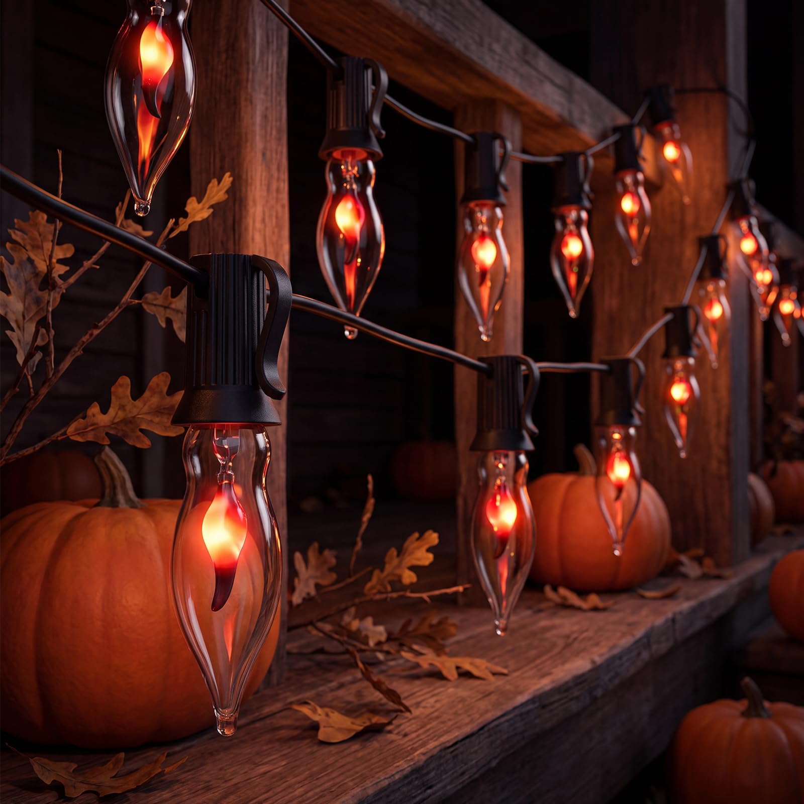Abeja Flickering Flame String Lights 10Ft, C18 Vintage Halloween Lights with 10 CA5 Flame Bulbs, E12 Candlestick Base, Flicker Flame String Lights for Fireplace Party Room Decor, 1w, 120v, Black