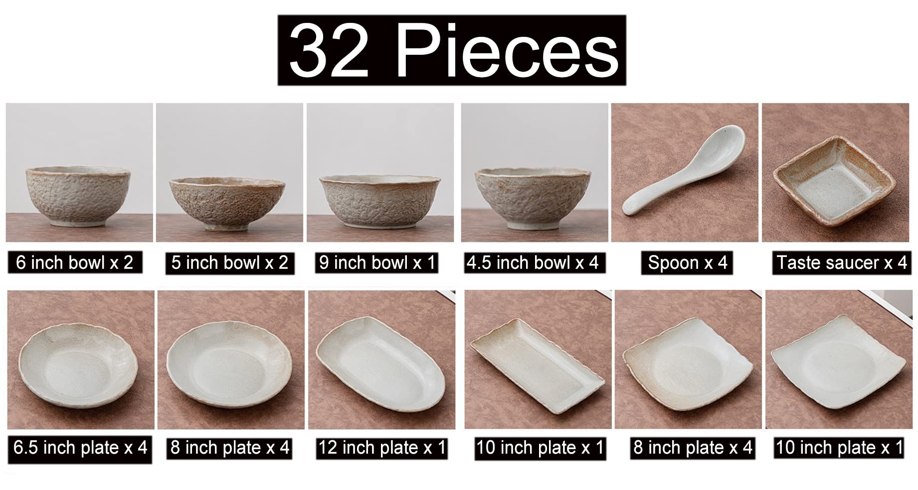 32 sztuki, porcelanowy zestaw obiadowy z talerzami płaskimi, talerzami deserowymi, miskami, łyżkami i spodkami, zestaw naczyń dla 4 osób, nadaje się do mycia naczyń