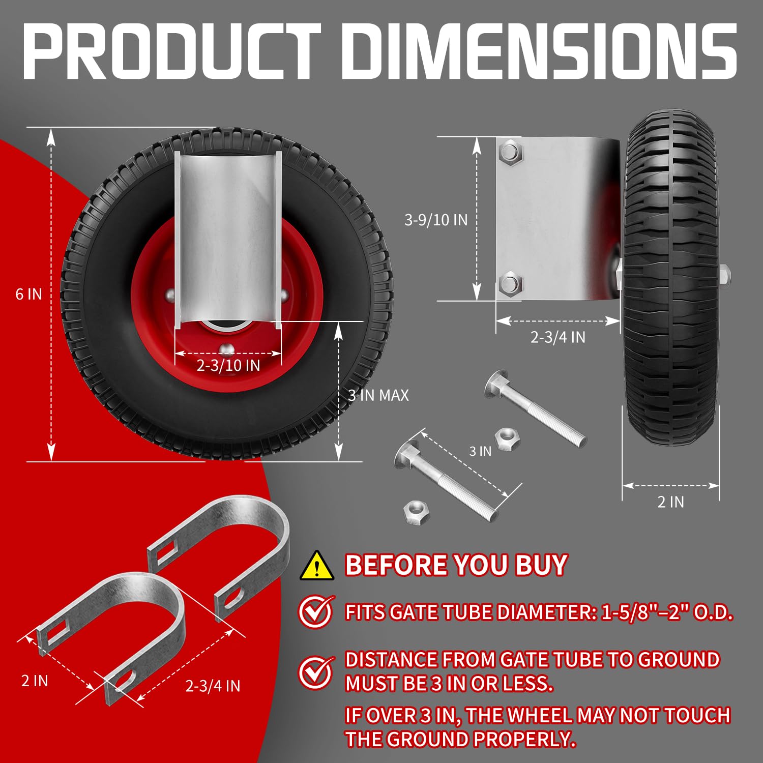 6 Inch Gate Wheel – Caster for 1-5/8" to 2-1/2" Round Tube Gates, 250 lb Capacity, Includes Screws & Wrenches (1 Pack)