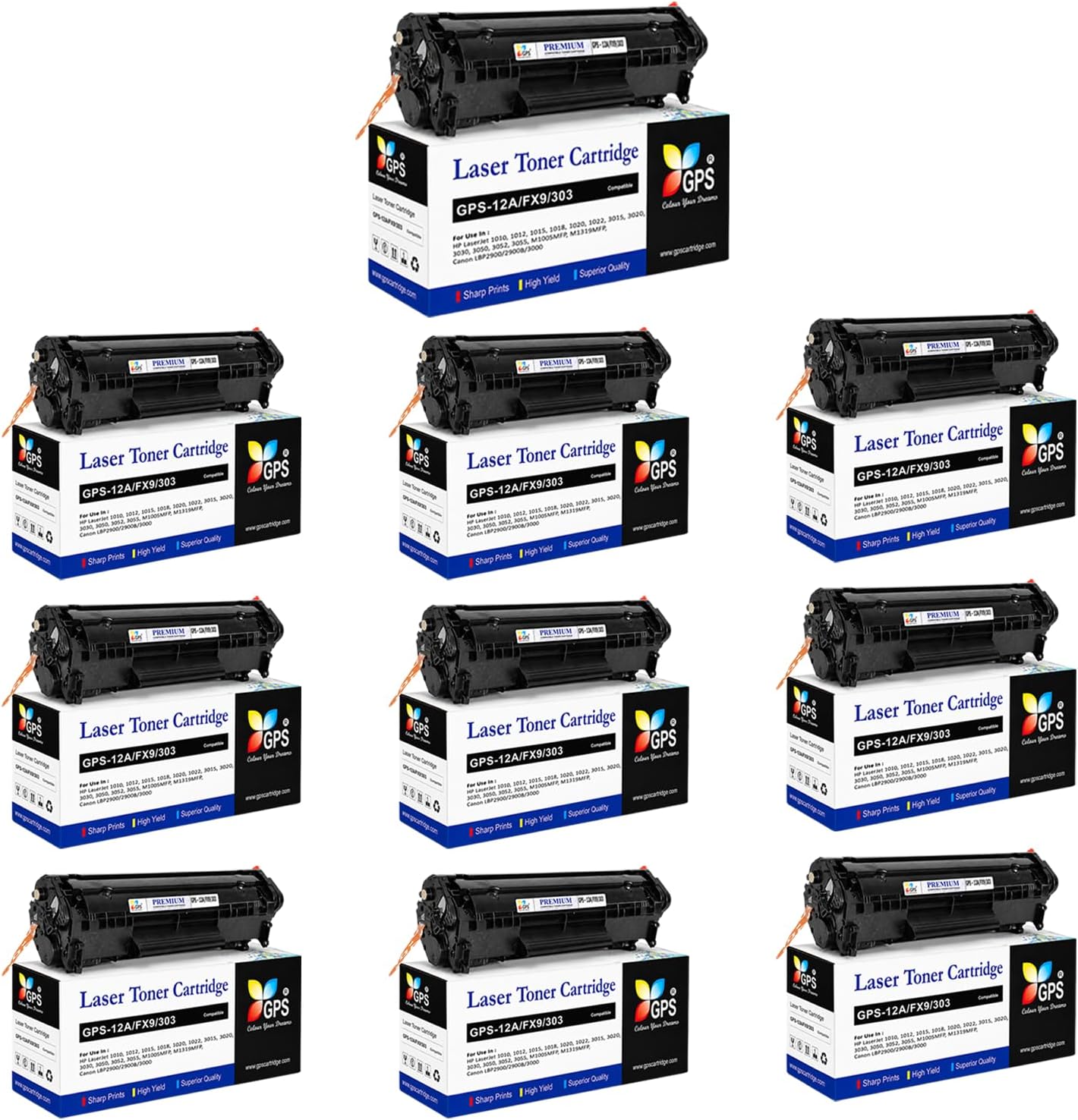 GPS Colour Your Dreams 12A Toner Cartridge Compatible for LJ Printers 1010, 1012, 1018, 1020, 1022, 1022n, 1022nw, 3015, 3020, 3030, 3050, 3050z, 3052, 3055, M1319, M1319F MFP, M1005 MFP ( Set of 10)
