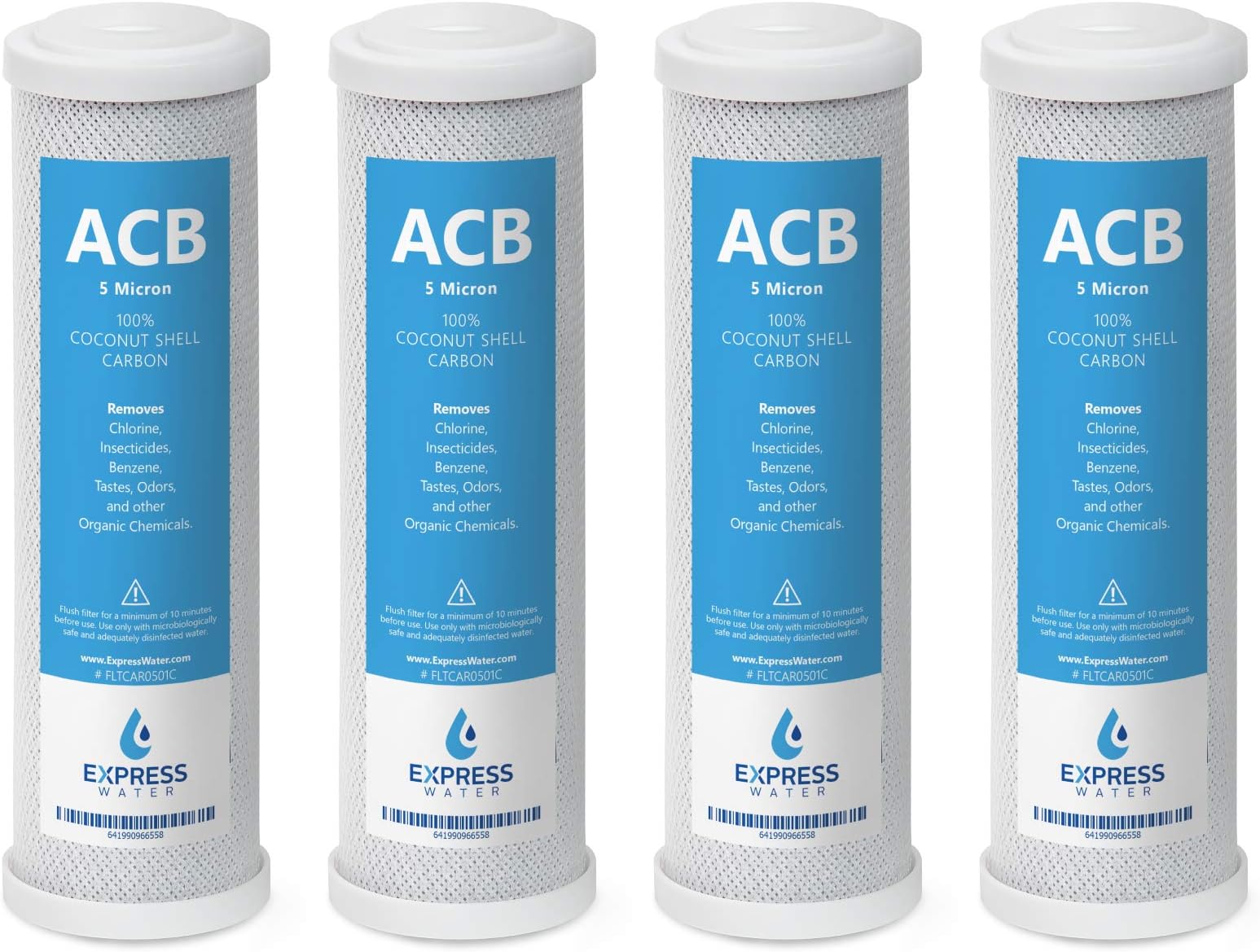 Express Water - FLTCAR0504C โ 4 Pack Activated Carbon Block ACB Water Filter Replacement โ 5 Micron, 10 inch Filter โ Under Sink and Reverse Osmosis System