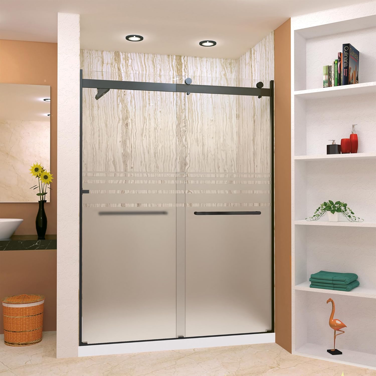 Transolid BRP608008F-R-MB Brianna 60 in. W x 80 in. H Frameless by-Pass Shower Door in Matte Black Finish with Frosted Glass and Riley Handles