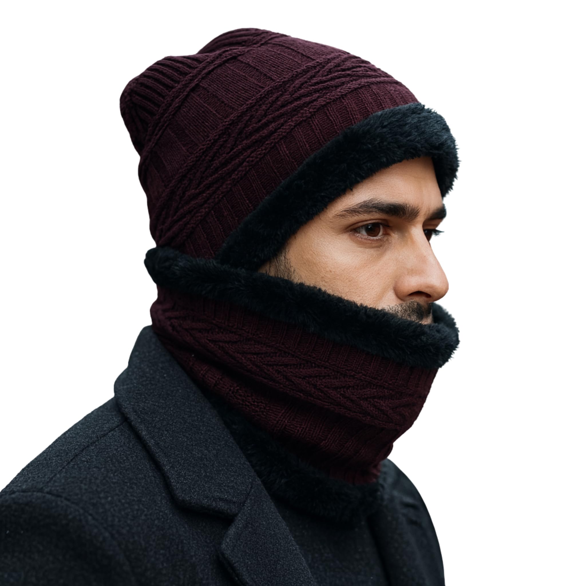 Unisex Woollen Cap & Neck Warmer Set, Oversized Knit Beanie, Soft Fleece-Lined Thermal Muffler, Free Size, Winter Hat & Scarf Combo
