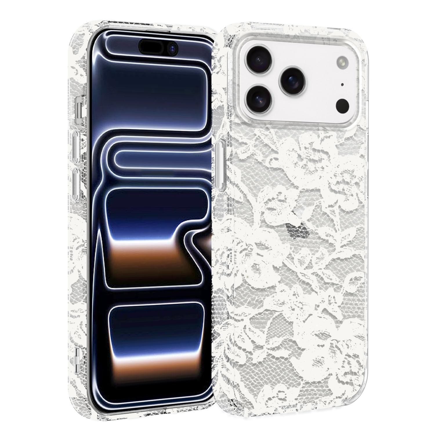 XTCASE für iPhone 17 Pro Hülle, Aesthetic Spitze Muster Frauen Mädchen Luxuriös Glitzer Bling Case Transparent Handyhülle Kratzfeste PC Rückseite + TPU Bumper Stoßfest - Weiß