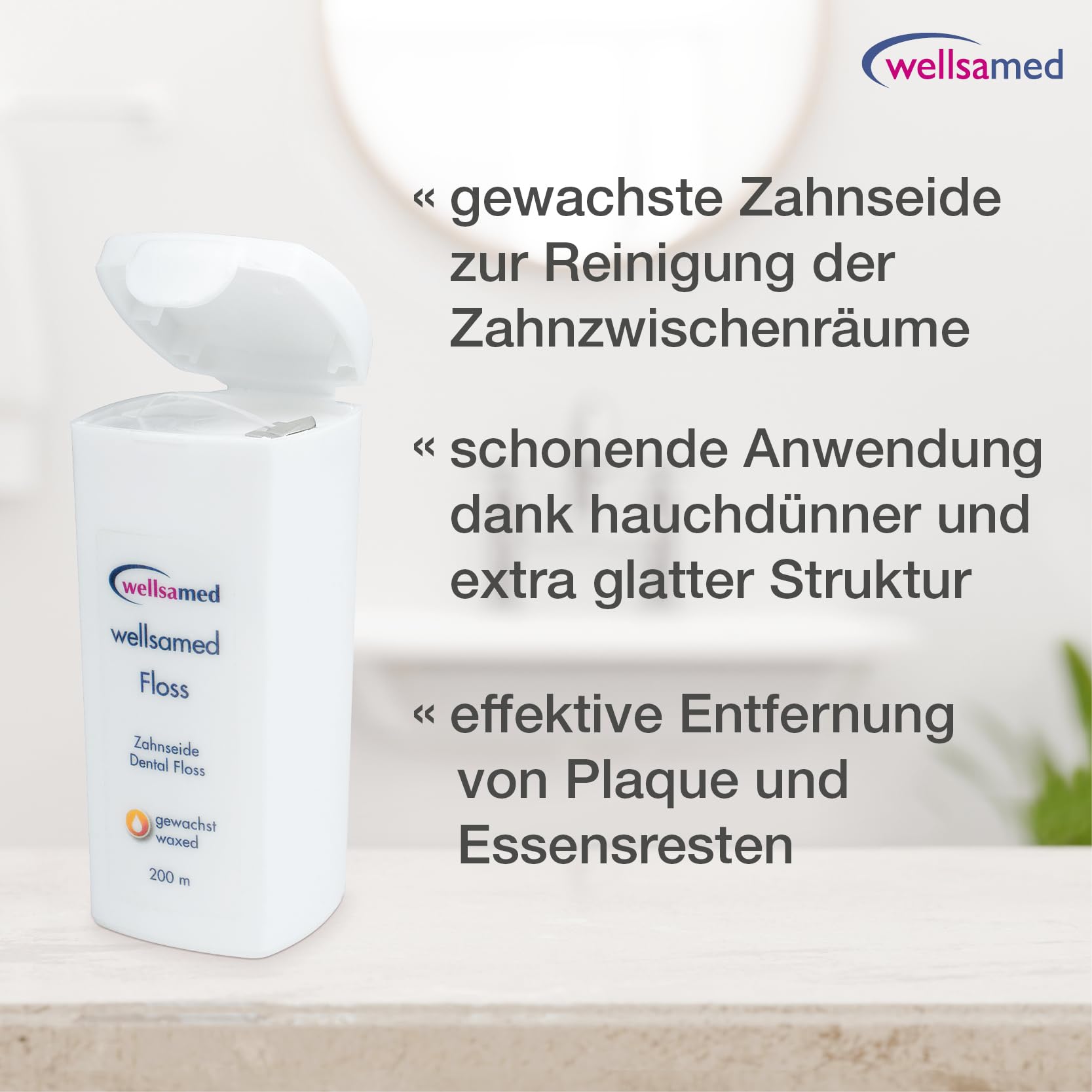 Wellsamed gewachste Zahnseide im 200m Spender Geschmacksneutral, für eine gründliche Zahnzwischenraumpflege (40 Stück)