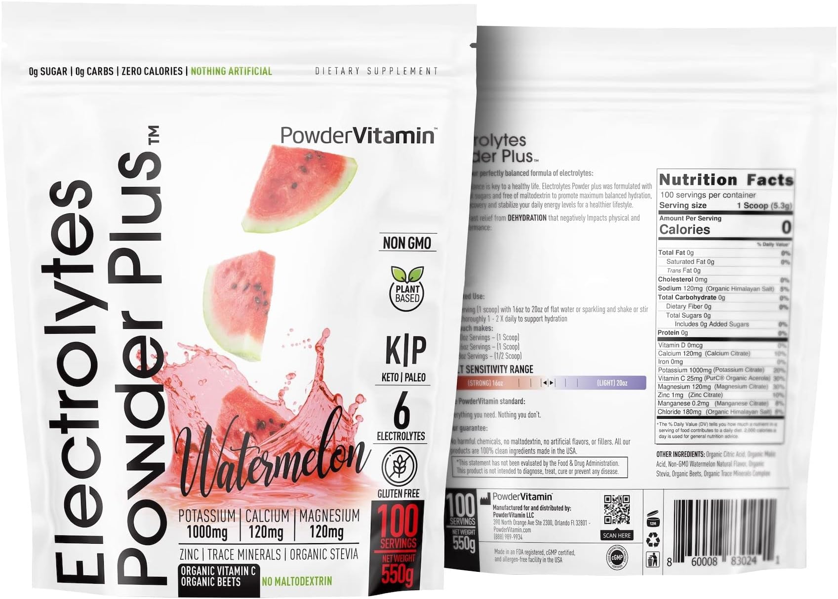 PowderVitamin Electrolytes Powder Plus (100 Servings) Watermelon Electrolyte Powder, Zero Calorie, Keto, 0 Sugar, No Maltodextrin,1000mg Potassium,120mg Calcium,120mg Magnesium, Energy Hydration Powde