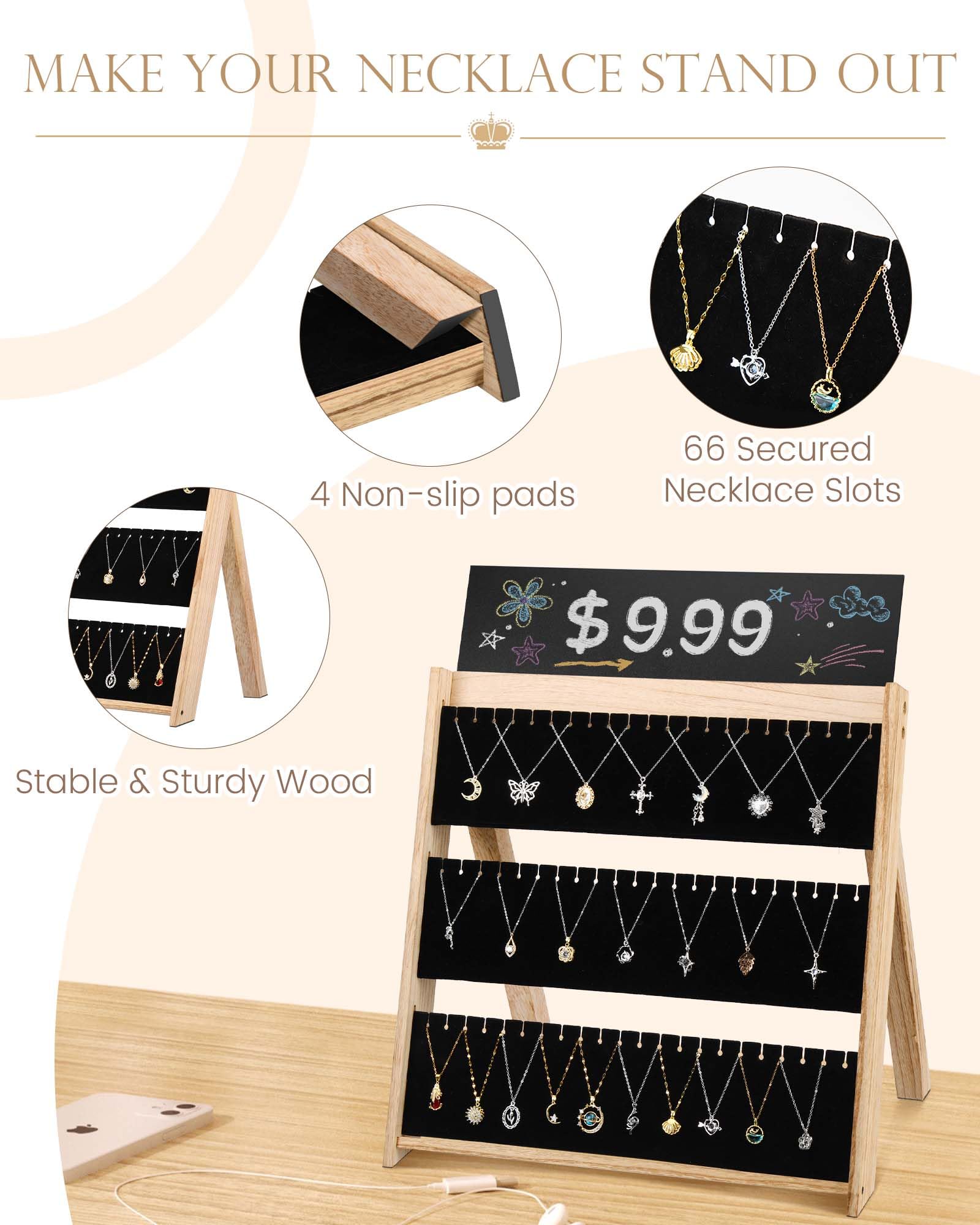 Bulado Présentoir à colliers pour vendeurs, présentoir à bijoux pliable à 3 niveaux avec 66 emplacements, support de collier en bois avec velours pour la vente, organisateur de rangement de bijoux