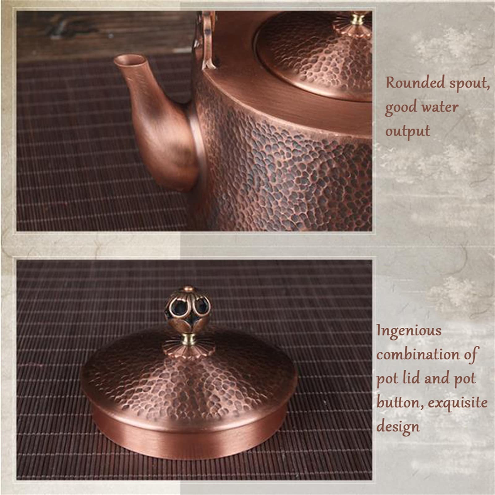 tetera Antiguo Tetera de té de cobre patrón de martillo hecho a mano Tetera de cobre rojo espesado Tetera sin recubrimiento Salud Conjunto de té de manualidades Tetera tetera pequeña individual