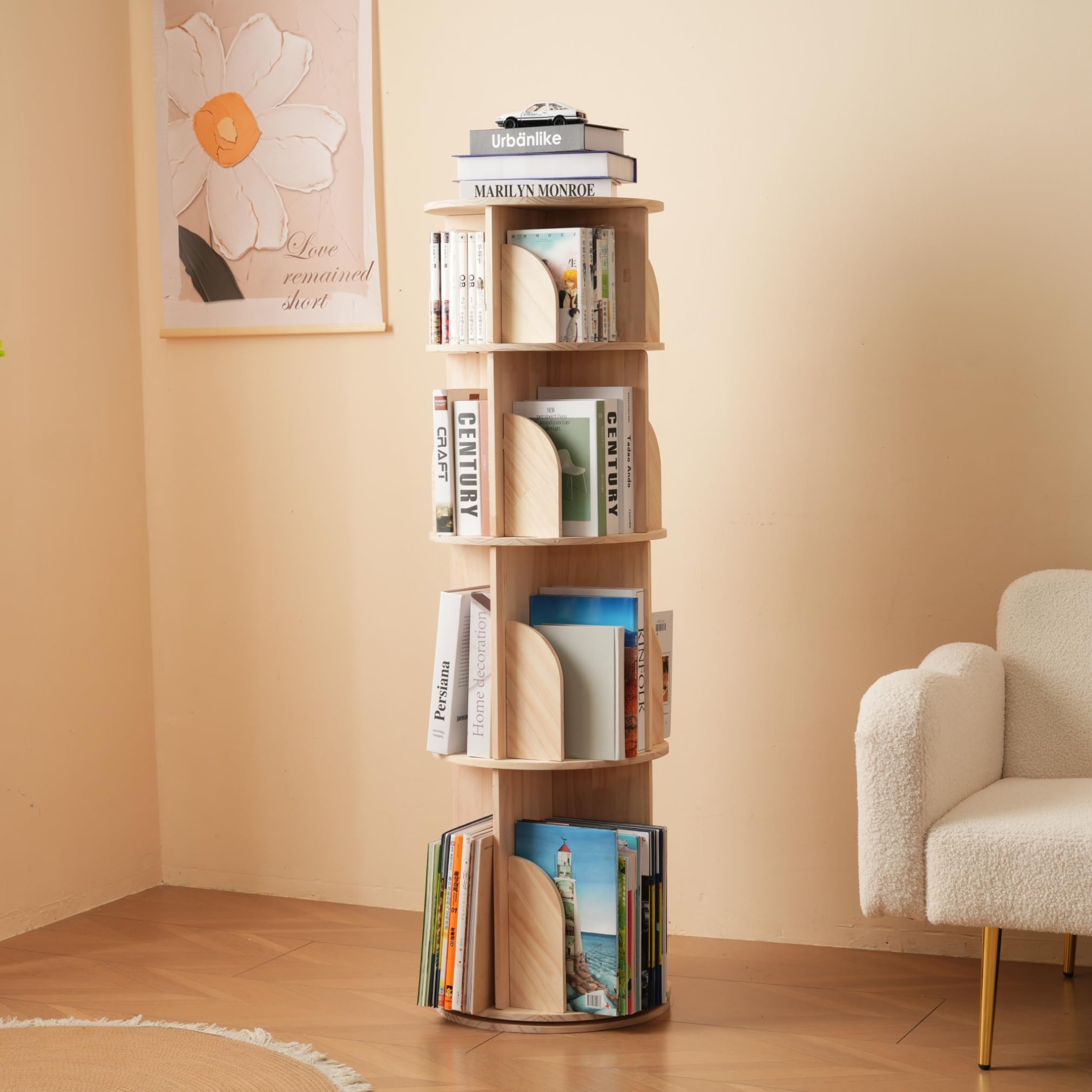 4段-回転盤-マルチ高さ-タイプB】無垢 回転式本棚 絵本棚 360