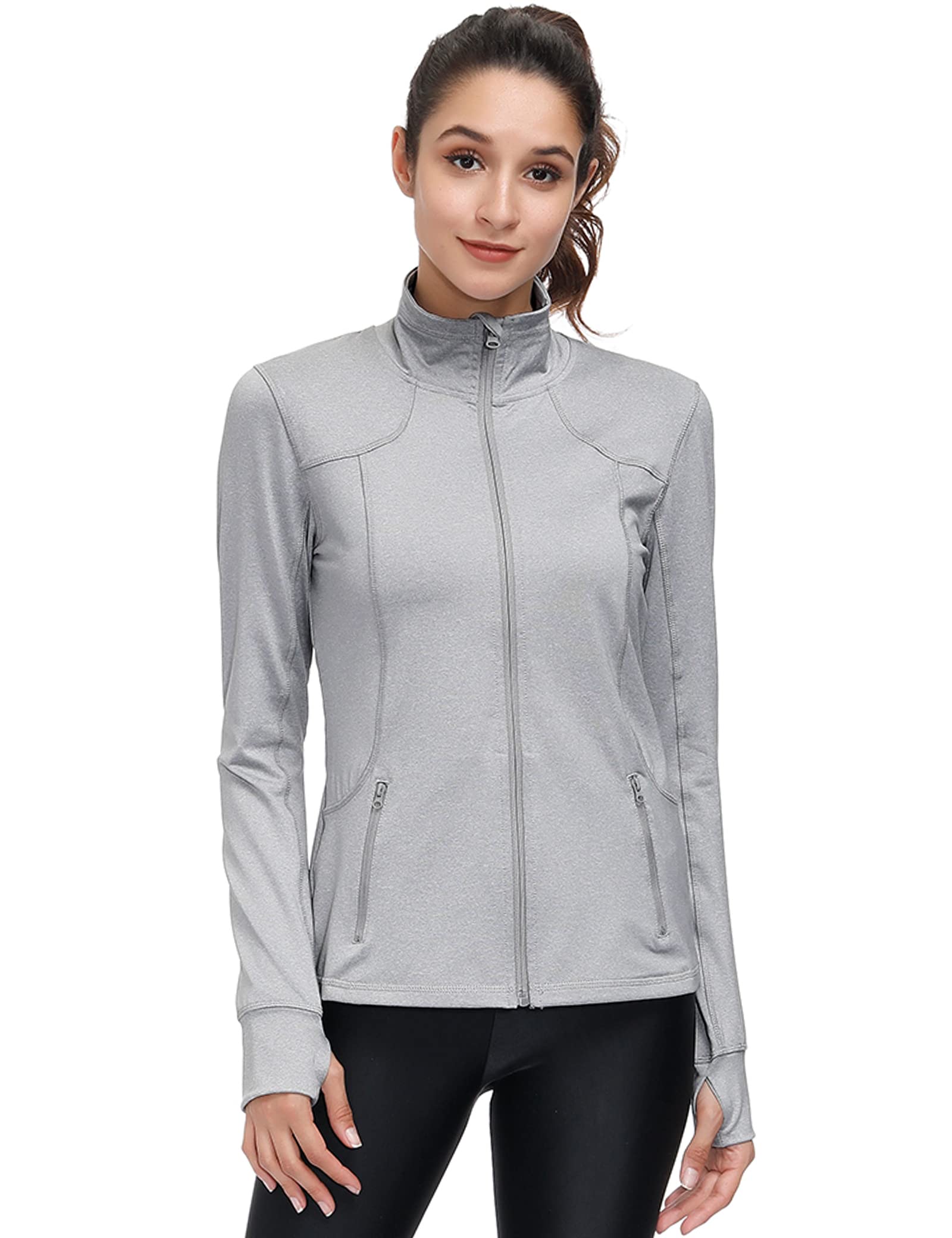 dolcevida Women’s Lightweight Full Zip Active Wear Workout Yoga Track Jackets Athletic Running Jacket Top with Zip Pockets and Thumb Holes (Grey, L)-picture-11