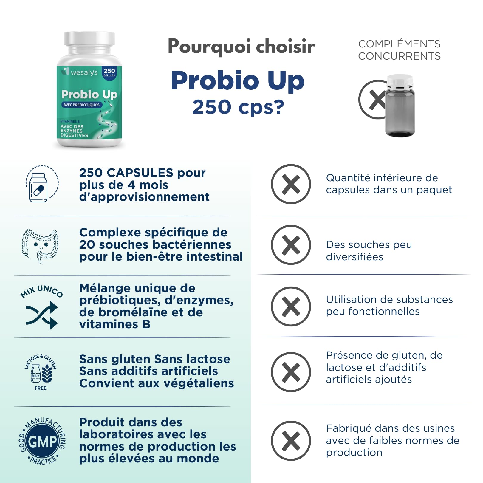 Probiotique flore intestinale - 250 gélules - 20 souches bactériennes, Probiotiques et prebiotique, lactobacillus gasseri, Bifidobactéries, Enzymes digestives, Inuline, FOS, 20 milliards UFC