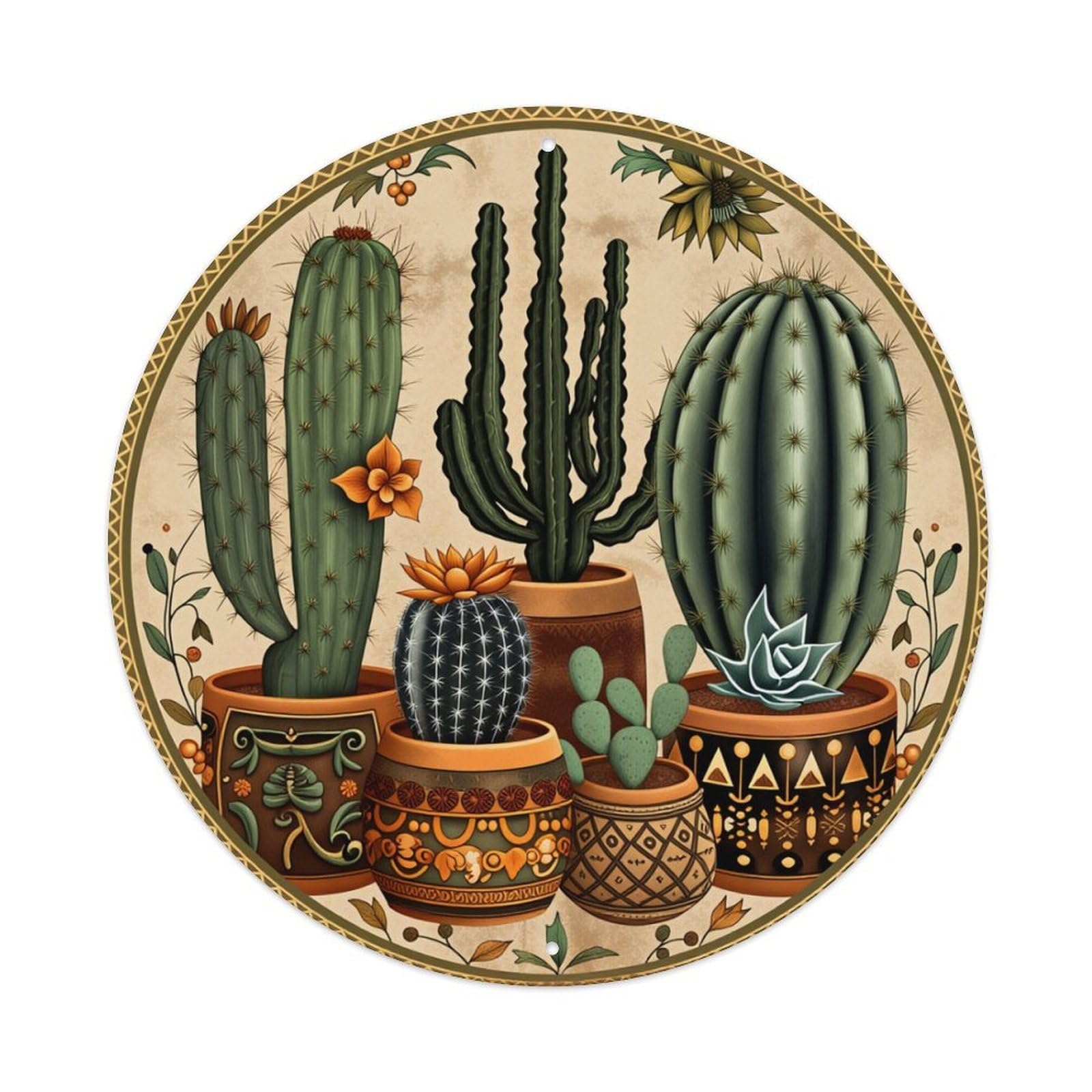 Cactus Pots Desert Plants Pattern Round Tin Sign Retro Metal Sign for Cafe Bar Pub Home Game Room Gym Club Wall Decoration Vintage Metal Poster 8x8 Inch