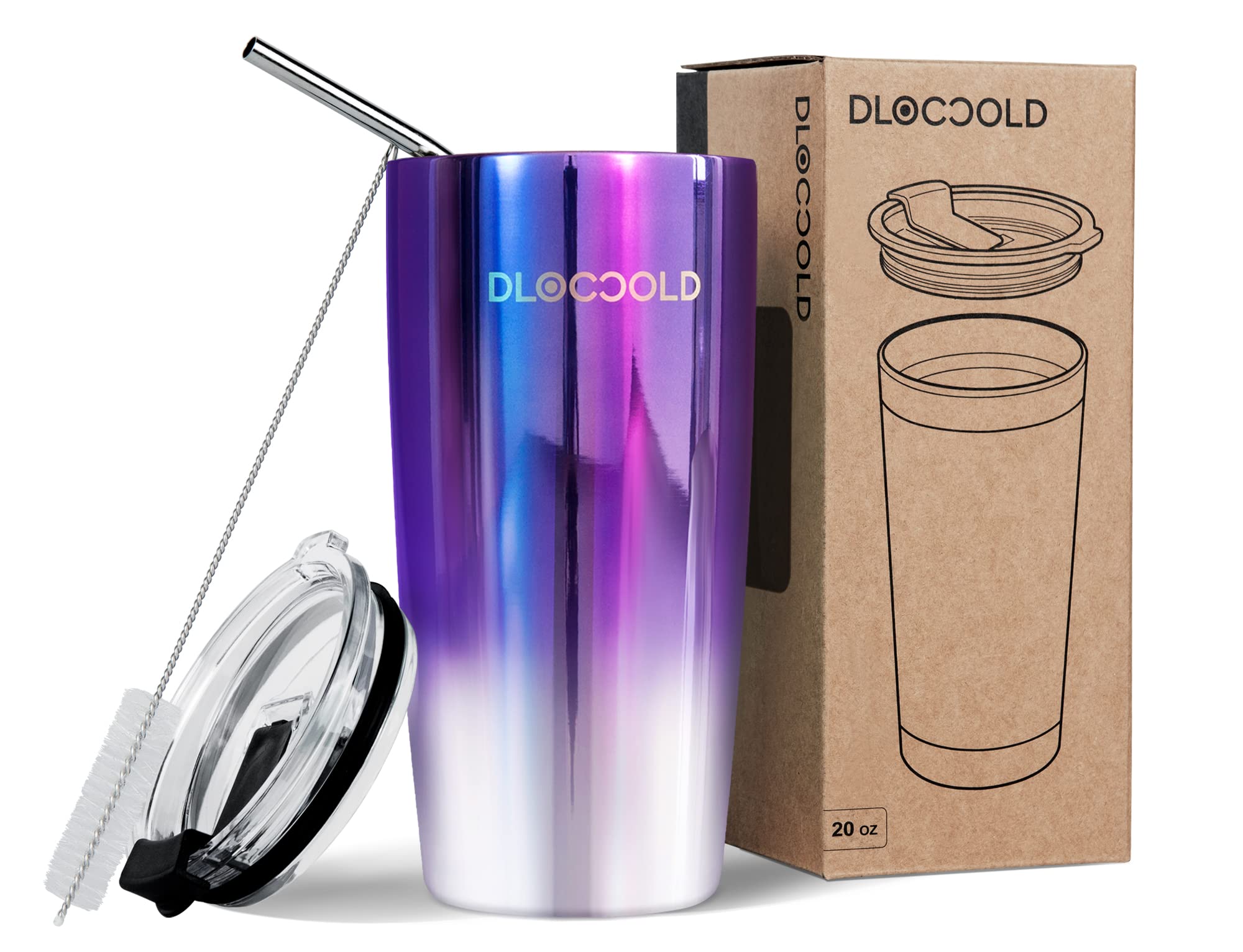 DLOCCOLD20 oz Tumbler with Lid and Straw, 18/8 Stainless Steel Vacuum Insulated CoffeeTumbler,Insulated Travel Mug Water Cup with Leak-Proof Flip Lid,Metal Straw,Cleaning Brush & Gift Box