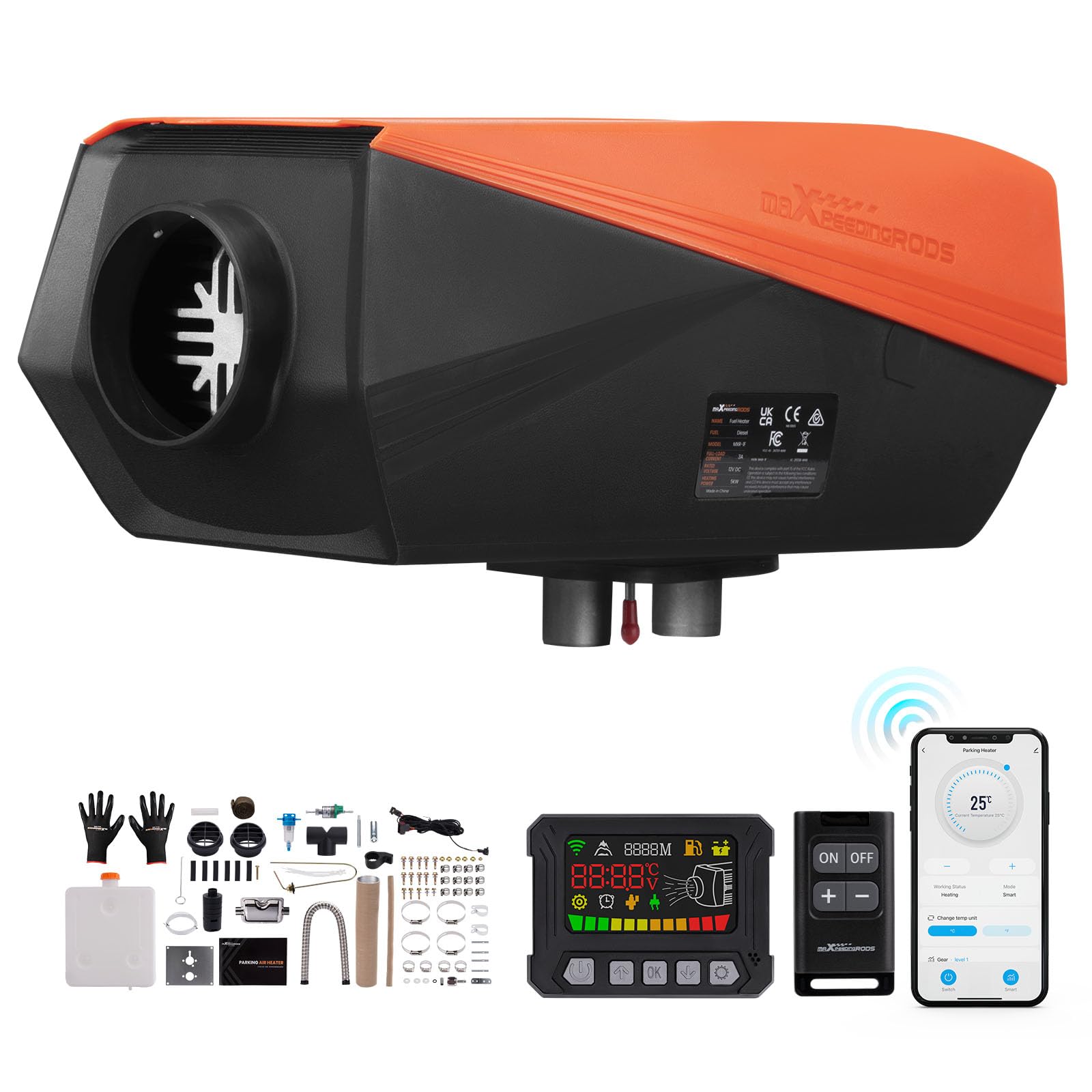 maXpeedingrods Riscaldatore a Gasolio 5KW 12V, Riscaldatore Diesel Funzionamento Silenzioso, Cinebasto con Bluetooth App e Telecomando, 0,16-0,48 L/H Basso Consumo per Camper Auto Camion Veicoli