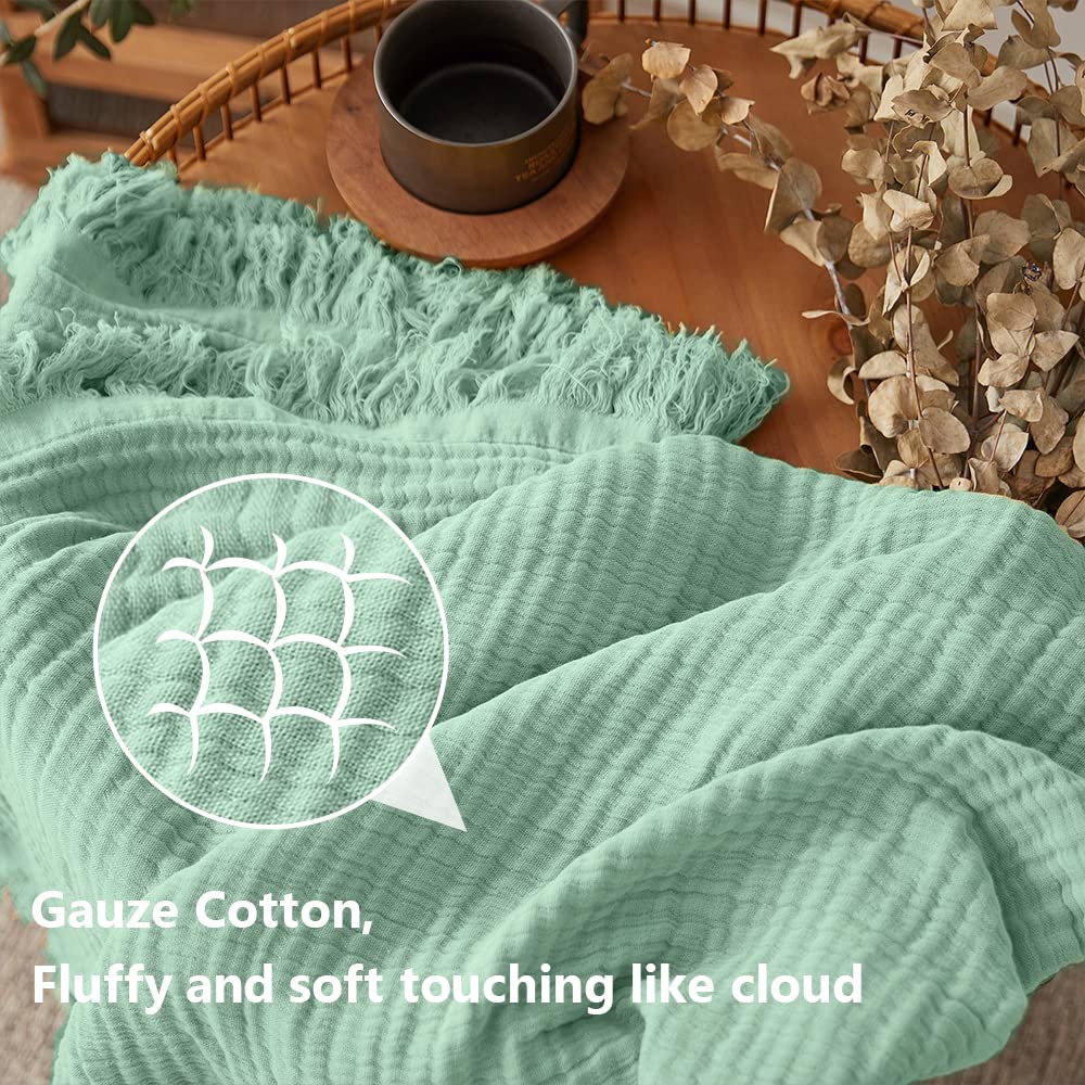 Simple&Opulence - Coperta in mussola di cotone per letto e divano, coperta in garza intrecciata con nappine, morbida, leggera, avvolgente, prelavata e traspirante, perfetta per lo stile country in