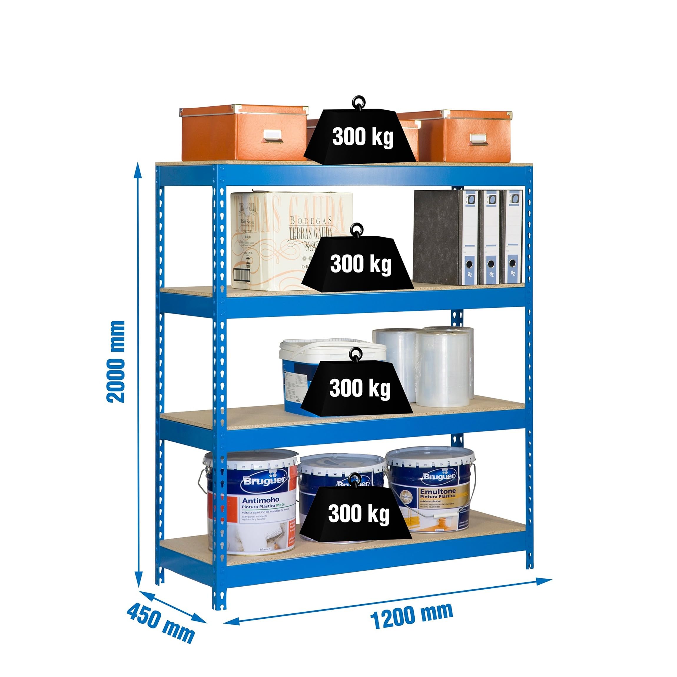 Simon Rack Estanteria Industrial, 2000x1200x450 mm, 300 kg de Punto Flexión, 4 Estantes Madera, Estanterias Almacenaje, Estanterias Metalicas, Azul/Madera - SimonTaller