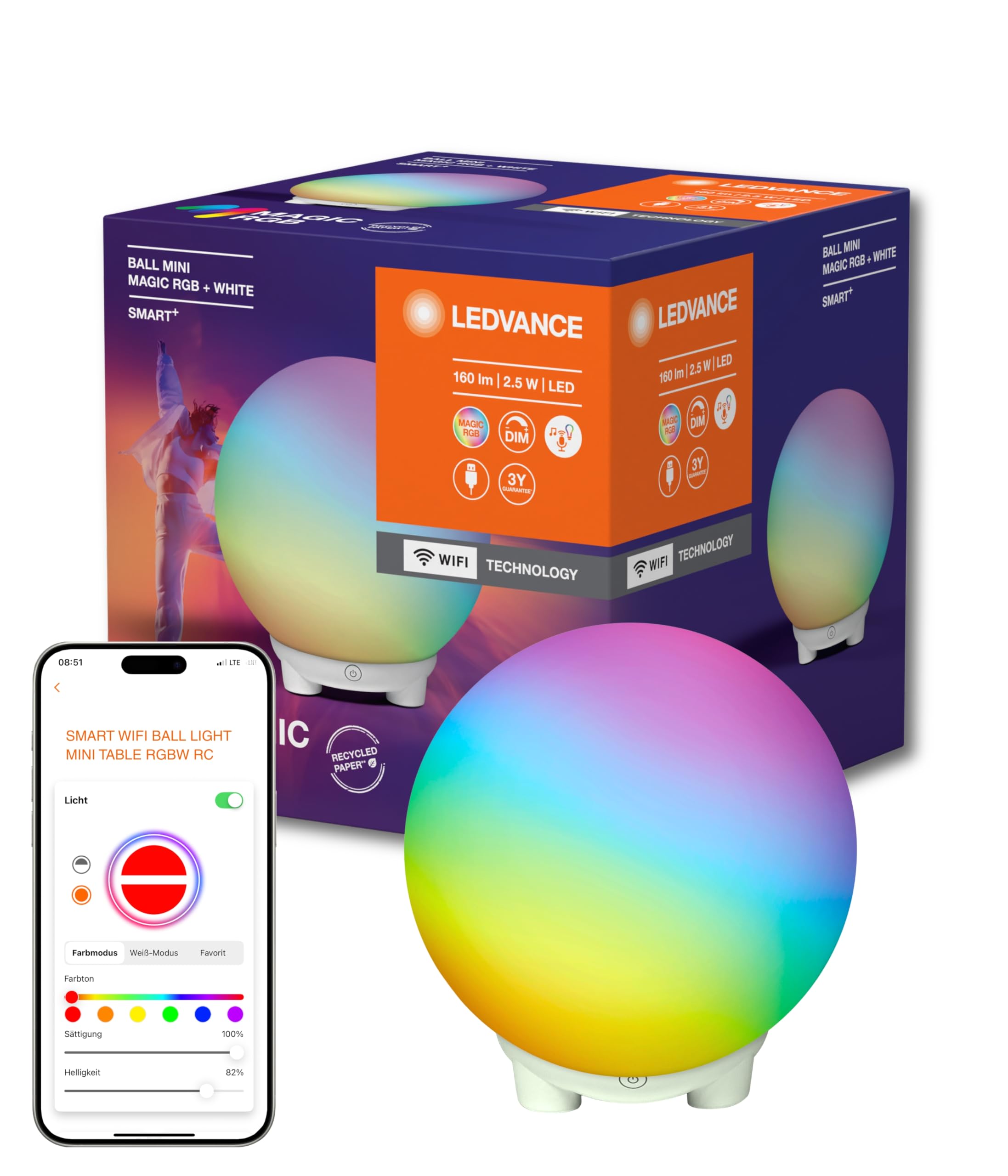LEDVANCE SMART+ WIFI BALL LIGHT Mood- & Tischleuchte, schwarz, 4W, 130lm, dynamischer Magic RGB Lichteffekt, zwei Lichtquellen, dimmbar, lange Lebensdauer, einfache Montage, App-steuerbar, IP20