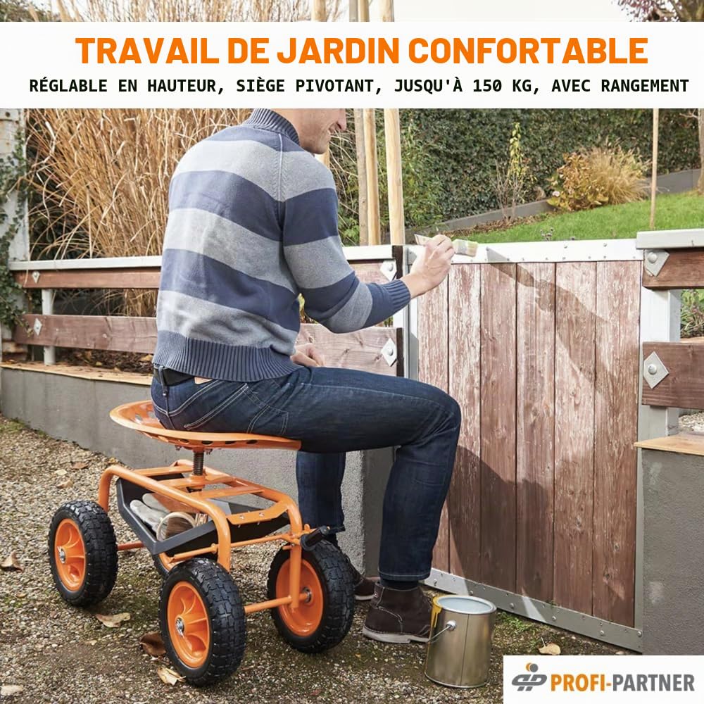 Siège de travail à roulettes pour jardinage - Siège de jardin - Chariot d'atelier avec roulettes - Charge maximale : 150 kg - Frein de stationnement - Pivotant à 360°