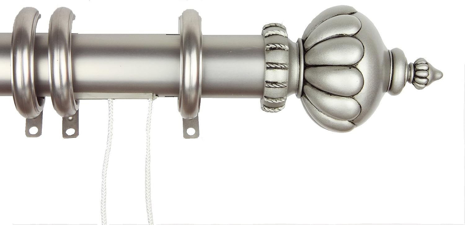Decorative Traverse Curtain Rod w/Rings Nobel Finial 30-48 inch - Satin Nickel
